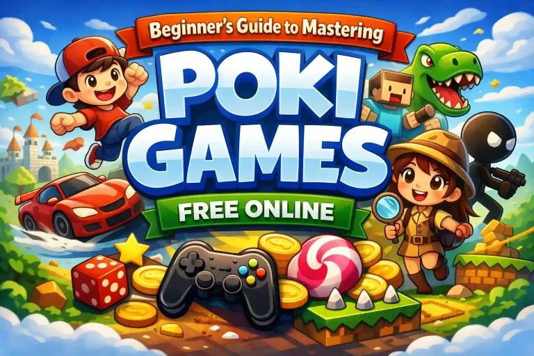 Beginner’s guide to mastering Poki games free online featuring cartoon characters, racing car, dinosaur, game controller, coins, and popular browser mini games illustration.