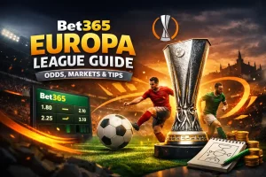 Promotional graphic for Bet365 Europa League Guide featuring the Europa League trophy, football players in action, betting odds screen, and bold text reading “Bet365 Europa League Guide – Odds, Markets & Tips” inside a stadium setting.
