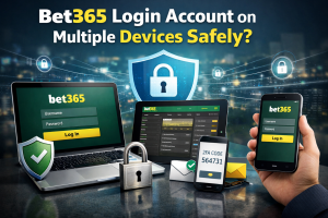 Promotional graphic about logging into a Bet365 account safely on multiple devices. The image shows a laptop, tablet, and smartphone displaying the Bet365 login screen with username and password fields. A large shield with a padlock icon appears in the center, symbolizing security. A smartphone in the foreground displays a two-factor authentication (2FA) code. Additional lock icons and security symbols are shown against a blurred cityscape background, emphasizing online safety and account protection.