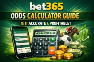 Bet365 Odds Calculator Guide featured image showing a smartphone with Bet365 app odds, 3D calculator, sports elements like football and horse racing, stacks of cash and coins, illustrating accuracy and profitability.