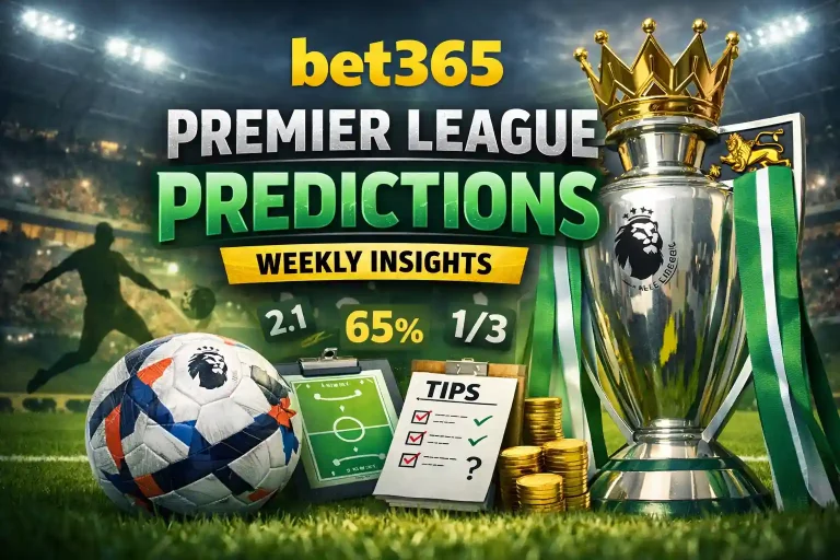 Bet365 Premier League Predictions featured image showing a football stadium at night with bright floodlights, a large silver Premier League-style trophy with green ribbons on the right, and a white match ball on the grass in the foreground. Bold text reads “bet365 Premier League Predictions – Weekly Insights,” with betting odds (2.1, 65%, 1/3), a tips checklist, a tactics board, and stacks of gold coins, representing football betting analysis and weekly match predictions.