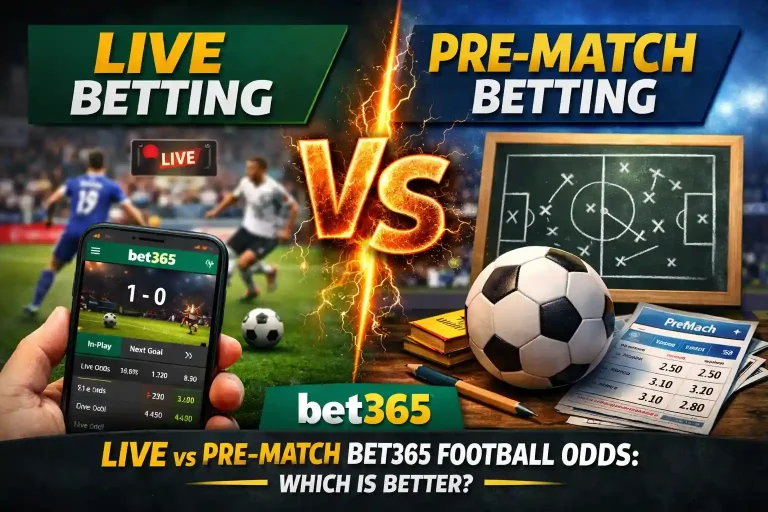Featured image showing a split-screen comparison of Bet365 football betting options: on the left, live betting with a smartphone displaying in-play odds during a football match; on the right, pre-match betting with a chalkboard strategy board, football, and printed betting slips, separated by a glowing “VS” in the center and the headline “Live vs Pre-Match Bet365 Football Odds: Which Is Better?” across the bottom.