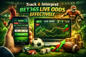 Track and interpret Bet365 live odds effectively with a smartphone showing Liverpool vs. Manchester live betting, a laptop displaying fluctuating odds charts, soccer and American football players, poker chips, dice, coins, and upward trending arrows.