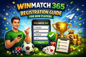 Win Match 365 registration guide for new players showing mobile signup form, trophy, coins, cards, and sports betting concept illustration.