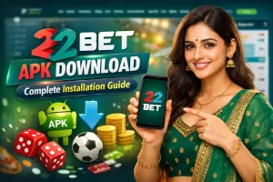 Indian woman holding smartphone with 22Bet app, promoting 22Bet APK download and installation guide with Android icon, coins, and sports elements in background.