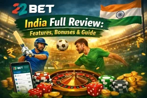 22Bet India full review featured image showing cricket and football players, casino elements like roulette, dice, and chips, with Indian flag and mobile betting app interface in a stadium background.