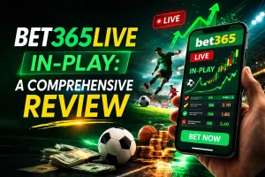 Promotional graphic for “Bet365 Live In-Play: A Comprehensive Review,” showing a smartphone with the Bet365 live betting interface and rising chart, a soccer player kicking a ball in a stadium, and sports items like a soccer ball, basketball, cash, and coins to represent live sports betting.