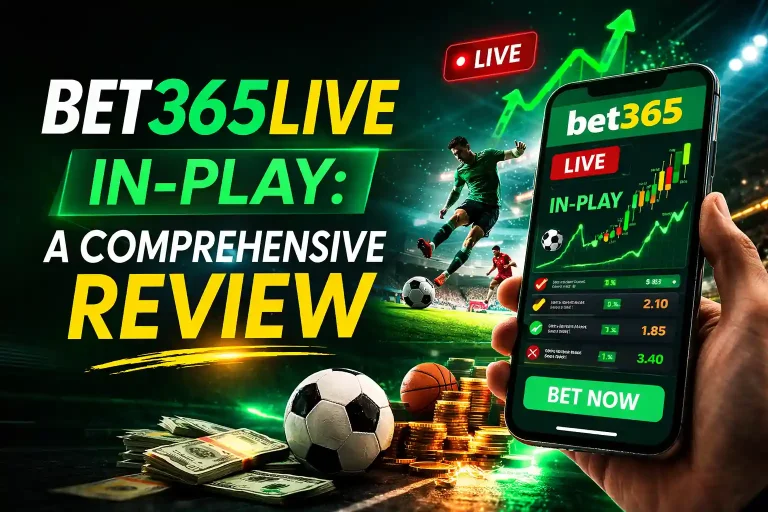 Promotional graphic for “Bet365 Live In-Play: A Comprehensive Review,” showing a smartphone with the Bet365 live betting interface and rising chart, a soccer player kicking a ball in a stadium, and sports items like a soccer ball, basketball, cash, and coins to represent live sports betting.