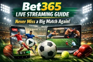 Promotional graphic for a Bet365 live streaming guide showing a stadium background with bright floodlights, a smartphone and laptop streaming live sports like soccer, tennis, and boxing, with sports equipment (soccer ball, basketball, tennis ball, boxing gloves) in the foreground and the headline “Bet365 Live Streaming Guide – Never Miss a Big Match Again!”.