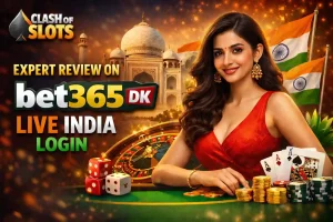 Indian casino model at a gaming table with chips and cards, Taj Mahal and Indian flags in the background, promoting Clash of Slots expert review on Bet365 DK Live India Login.