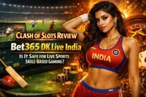 Featured image for Clash of Slots Review on Bet365 DK Live India showing a glamorous Indian sports model in a red athletic outfit with ‘India’ on the top, standing in front of a stadium screen displaying live sports, casino chips, and a roulette wheel, highlighting live sports betting and skill-based gaming.