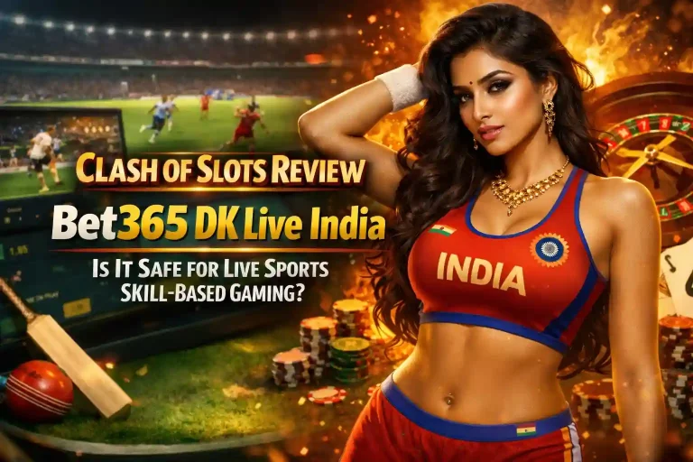 Featured image for Clash of Slots Review on Bet365 DK Live India showing a glamorous Indian sports model in a red athletic outfit with ‘India’ on the top, standing in front of a stadium screen displaying live sports, casino chips, and a roulette wheel, highlighting live sports betting and skill-based gaming.