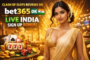 Attractive Indian woman in a gold saree posing beside casino chips, slot machine, and playing cards in a promotional banner for Clash of Slots reviews on Bet365 DK Live India sign-up bonus.