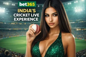 A glamorous INDIAN woman in a sparkling green halter outfit holds a cricket ball inside a stadium, promoting Bet365’s India’s Cricket Live Experience with bold text and logo displayed.