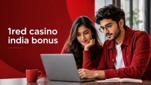 Indian Gen Z woman and man reviewing information on a laptop against a modern red background with the text “1red casino india bonus.”