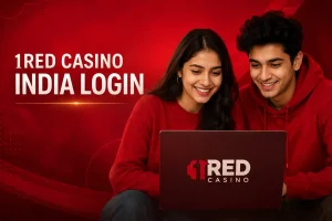 Featured image showing a young Indian woman and man using a laptop against a modern red background, with the text “1Red Casino India Login.”