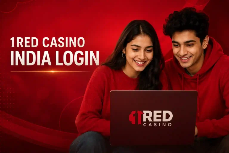 Featured image showing a young Indian woman and man using a laptop against a modern red background, with the text “1Red Casino India Login.”