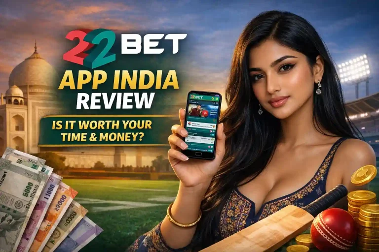 Attractive Indian woman in a stylish embroidered outfit holding a smartphone displaying the 22Bet app, set against a vibrant backdrop of the Taj Mahal and a cricket stadium, with Indian currency, coins, a cricket bat, and bold promotional text reading ‘22BET APP INDIA REVIEW – Is it worth your time & money?