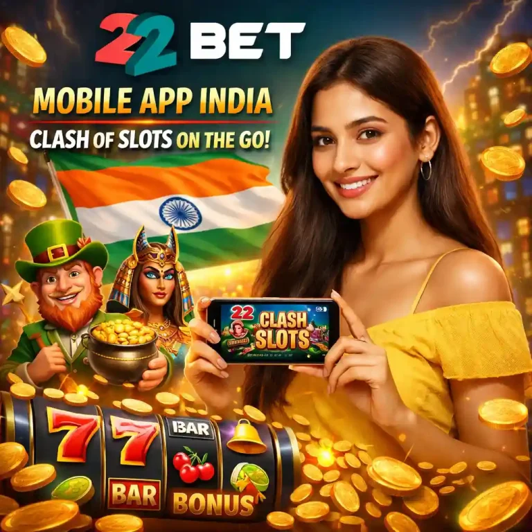 Smiling young woman holding smartphone showing Clash of Slots game on 22Bet mobile app with Indian flag, slot machine reels, gold coins, and casino-themed characters in vibrant background