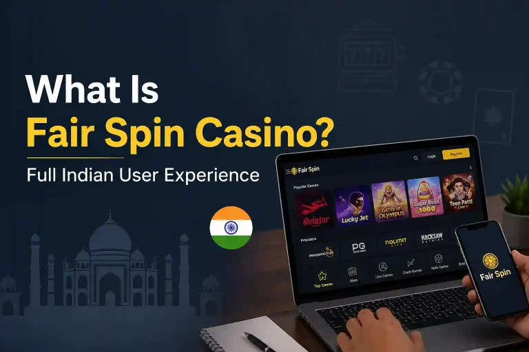 India's Professional featured image showing a modern dark-blue themed layout with the headline “What Is Fair Spin Casino? Full Indian User Experience,” alongside a laptop and smartphone displaying an online casino interface, subtle Indian architectural silhouettes in the background, and a clean, non-promotional, tech-focused design.