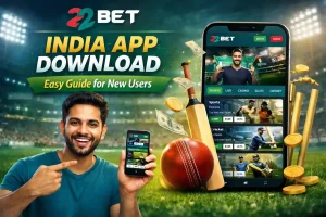 22Bet India app download guide banner showing a man holding a smartphone with the betting app, cricket elements, coins, and stadium background