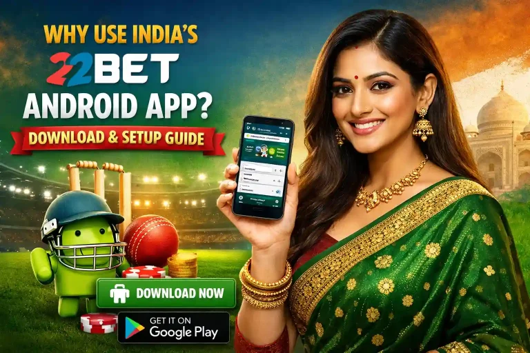 Promotional banner for India’s 22Bet Android app featuring a smiling Indian woman in a green saree holding a smartphone displaying the app, with a cricket stadium, Taj Mahal, and betting-themed graphics in the background, alongside text reading “Why Use India’s 22Bet Android App? Download & Setup Guide.”