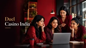 Four stylish Indian Gen Z women in red professional outfits collaborate around a laptop in a modern workspace, with “Duel Casino India” text on the side.