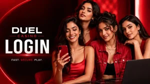 Four stylish Indian Gen Z women in a red premium promotional banner for Duel Casino Login, with bold login text, modern lighting, and a sleek laptop and smartphone setup.