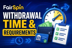 Graphic with the text “FairSpin Withdrawal Time & Requirements” alongside illustrations of a stopwatch, wallet with cash, bank card, and checklist, suggesting processing time and conditions for withdrawals.
