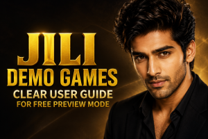 Jili Demo Games free preview mode guide banner with a handsome Indian male model and bold gold title text on dark background