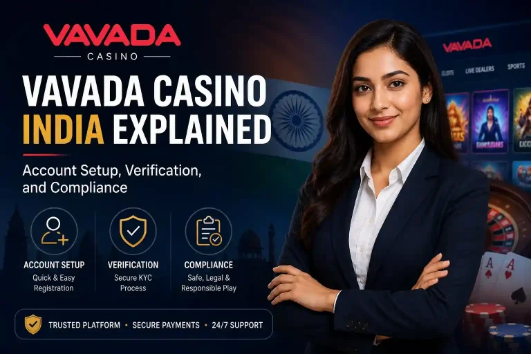 Professional featured image for “Vavada Casino India Explained” showing an Indian woman in corporate attire with a confident pose, alongside casino visuals like cards and roulette, highlighting account setup, KYC verification, and compliance in a secure online casino platform.