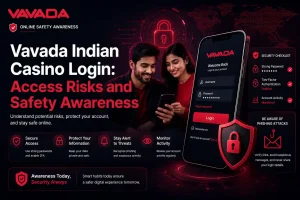 A dark-themed digital banner for “Vavada Indian Casino Login: Access Risks and Safety Awareness,” featuring a smiling Indian couple using a smartphone beside a large mobile login interface. The design highlights cybersecurity elements like a glowing lock icon, shield graphics, and a security checklist with strong password, two-factor authentication, and account monitoring. Red and black color scheme with text emphasizing secure access, data protection, threat awareness, and phishing prevention.