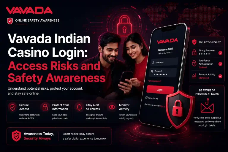 A dark-themed digital banner for “Vavada Indian Casino Login: Access Risks and Safety Awareness,” featuring a smiling Indian couple using a smartphone beside a large mobile login interface. The design highlights cybersecurity elements like a glowing lock icon, shield graphics, and a security checklist with strong password, two-factor authentication, and account monitoring. Red and black color scheme with text emphasizing secure access, data protection, threat awareness, and phishing prevention.