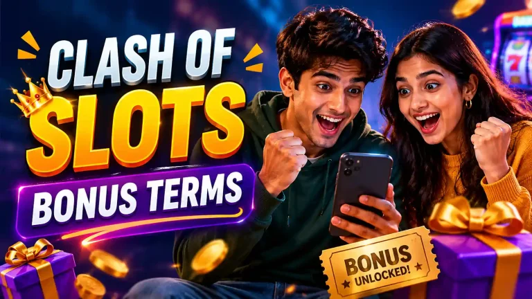 Clash of Slots bonus terms guide with two Indian Gen Z users reviewing bonus details in a clean modern article banner.
