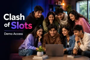 Clash of Slots demo access featured image with eight Indian Gen Z users reviewing a laptop in a modern editorial setting.