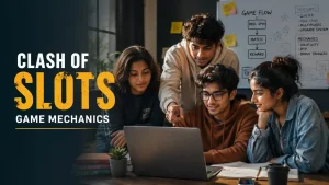 clash of slots game mechanics explained by Indian Gen Z learners reviewing game flow on a laptop in a studio.