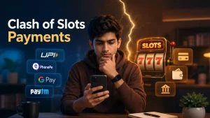 Indian Gen Z man using a smartphone while reviewing digital payment options beside a glowing slot-themed interface, illustrating online gaming payment methods in a modern editorial-style setting with bold “Clash of Slots Payments” text.