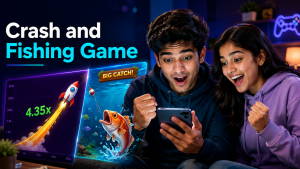 Crash and Fishing Game banner with two expressive Indian Gen Z users reacting to crash and fishing-style game visuals.