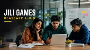 Jili games reasearch hub image showing three Indian Gen Z users reviewing game information on a laptop in a modern office.