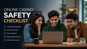 Three Indian Gen Z friends reviewing an online casino safety checklist on a laptop in a modern workspace, highlighting secure payments, data protection, licensed platforms, and responsible gaming in a clean editorial-style blog featured image.
