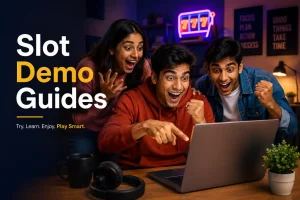 Indian Gen Z friends reacting excitedly while learning from a Slots Demo Guide tutorial on a laptop in a modern room.
