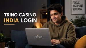 Young Indian Gen Z man sitting on a couch and using a laptop in a modern home setting, with the text “Trino Casino India Login” displayed prominently on the left. The image features warm lighting, a clean editorial design, and a professional, trustworthy atmosphere suitable for a website article about account login access.
