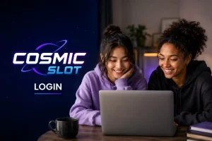 Two Gen Z women sit together at a laptop in a modern indoor setting, smiling as they access an online platform. A clean cosmic-themed background features the text “Cosmicslot Login,” creating a professional and trustworthy featured image for a login guide article.