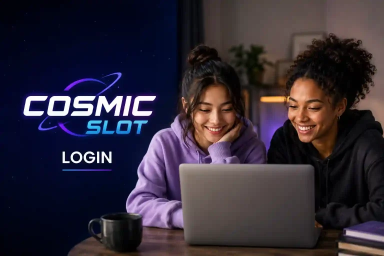 Two Gen Z women sit together at a laptop in a modern indoor setting, smiling as they access an online platform. A clean cosmic-themed background features the text “Cosmicslot Login,” creating a professional and trustworthy featured image for a login guide article.