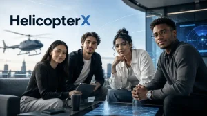 HelicopterX featured image showing four Gen Z professionals in a modern aviation-tech setting with a helicopter in the background.