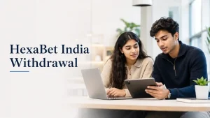 HexaBet India withdrawal guide image featuring two young adults reviewing account information in a modern workspace.