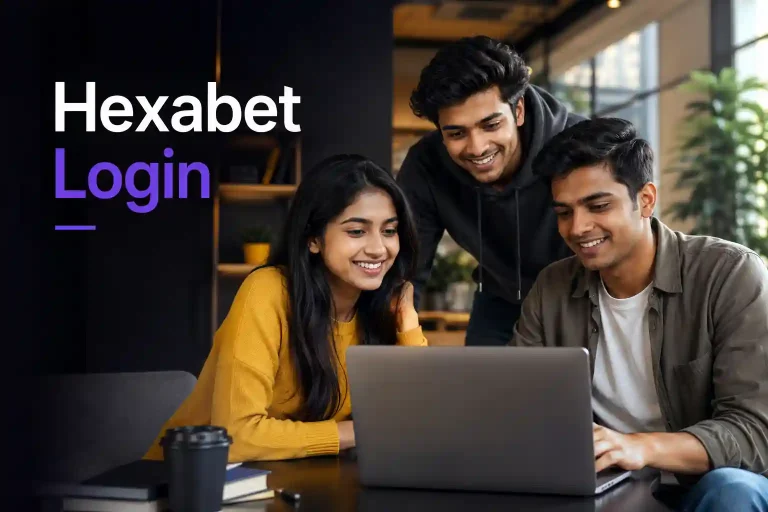 Three Indian Gen Z adults, one woman and two men, gathered around a laptop in a modern workspace, with the text “Hexabet Login” displayed on the left.