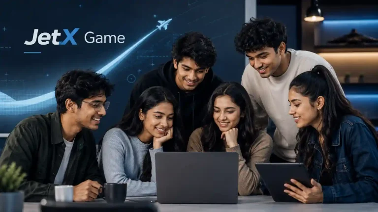 Six Indian Gen Z adults reviewing JetX Game information in a modern tech studio with a subtle jet flight graphic.