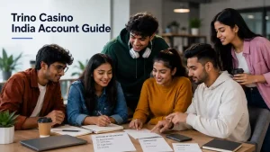 Six Indian Gen Z users reviewing account setup and verification documents for a Trino Casino India account guide in a modern workspace.