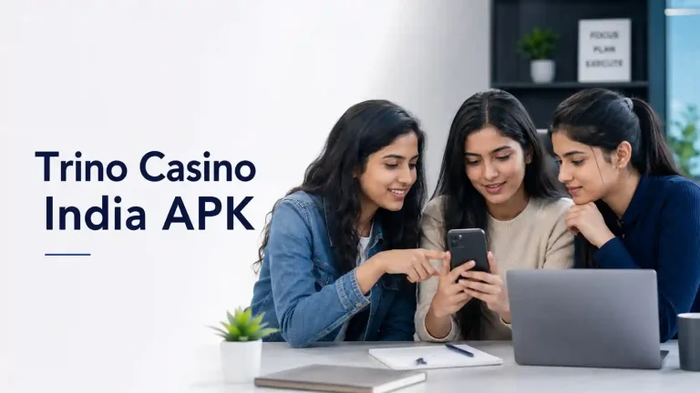 Three Indian Gen Z women reviewing a smartphone and laptop in a modern workspace, with the headline Trino Casino India APK shown on the left.